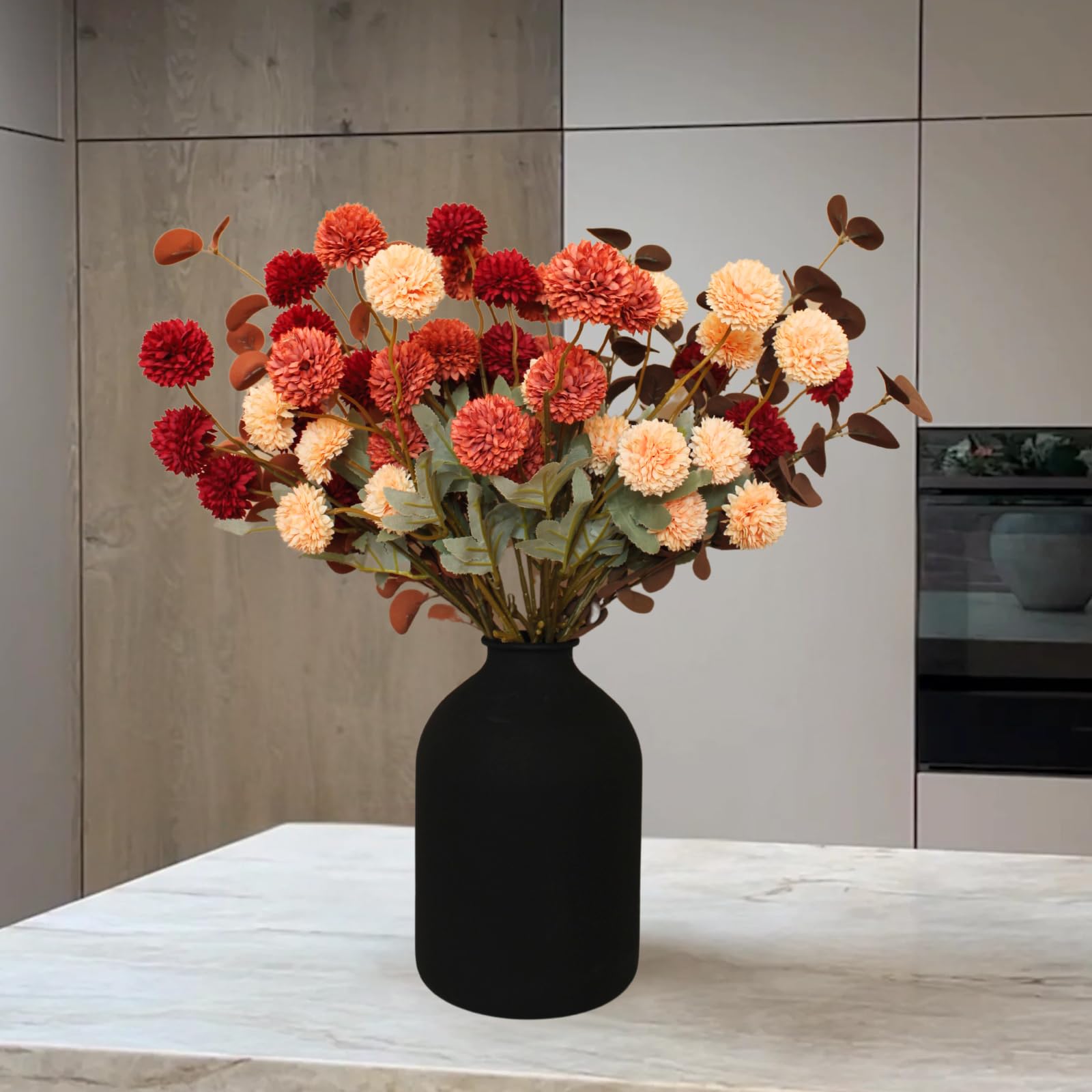 Photo 1 of Fall Flowers, Burnt Orange Faux Kiku Flowers Artificial 10 Stems + Eucalyptus, Fake Silk Mums Fall Floral Centerpiece, Autumn Decor, Terracotta Mini Balls Faux Stems For Vase, Decoración de Otoño