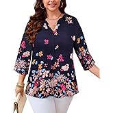 RITERA Women's Plus Size Tops Dressy Casual 3/4 Sleeve Business Work Blouses V Neck Flowy Tunics Shirts XL-5XL