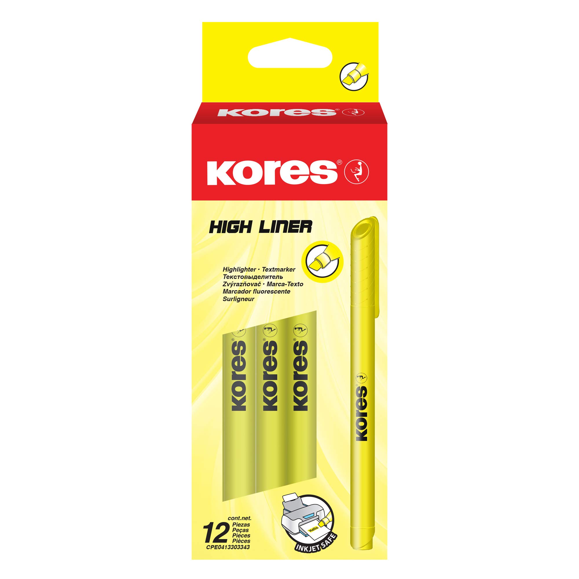 Kores - Fine Yellow Fluorescent Highlighter Pens - High Liner, Water Based-Ink Highlighter Pen Set with Ergonomic Shape, 1-4mm - Stationery School Supplies, Office Supplies - Set of 12 โ image 1
