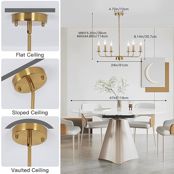 JZQWCK MODERN FARMHOUSE GOLD CHANDELIER FOR DINING ROOM, 6 LIGHTS RUSTIC CANDLE GOLD CHANDELIER LIGHT FIXTURE ADJUSTABLE HEIGHT CEILING HANGING LIGHTING FOR LIVING ROOM, KITCHEN, ENTRYWAY, FOYER