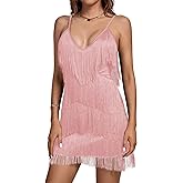 Umenlele Women's Layered Fringe Deep V Neck Cami Mini Dress Sleeveless Tassels Flapper Dresses