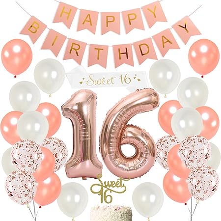 Amazon Co Jp 16歳誕生日 飾り付け ローズゴールド Happy Birthdayバナー 紙吹雪入れ 16アルミバルーン Sweet16ケーキトッパー ショルダーストラップ シャンパンカラ 女の子 誕生日パーティーデコレーション おもちゃ