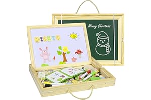 MICKYU Wooden Magnetic Board Puzzle Games, Double Sided Chalk Board Art Easel for Kids, Educational Portable Travel Toy for Kids Ages 3-5