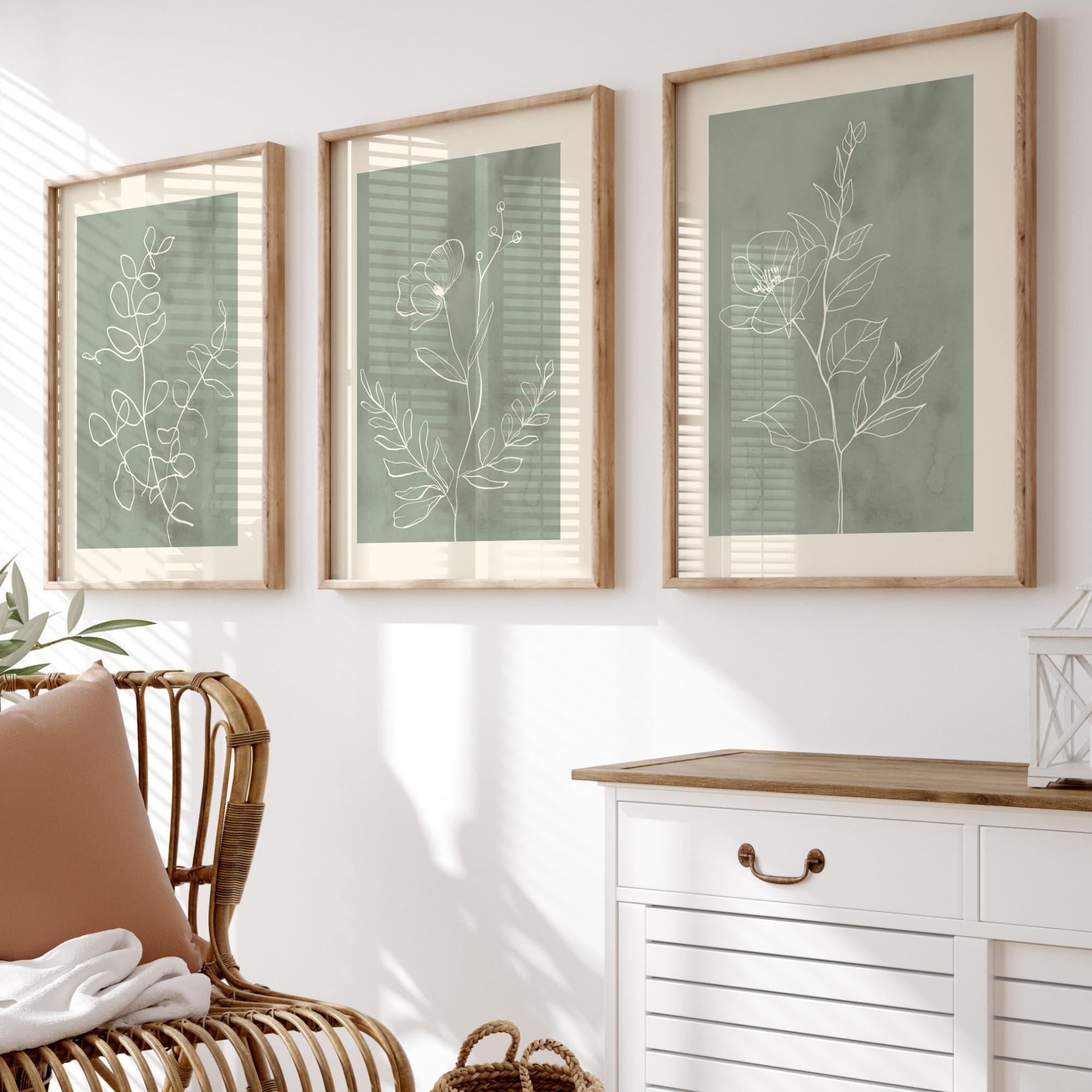 Set of 3 Botanical Prints, Sage Green Wall Art, Living Room Lounge Bedroom Poster, Home Decor, A3, A4 (A3)