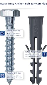 1STec 10 x M10 x 50mm Galvanised Anchor Plug with 13mm Hex Bolt Head view 2