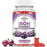 Iron Gummies - with Calcium, Zinc, Folate & Vitamin B12, C, B6 for Adults & Kids - Blood Builder & Energy Support for Iron Deficiency, Anemia, Vegan - Grape Flavour,60 Gummies