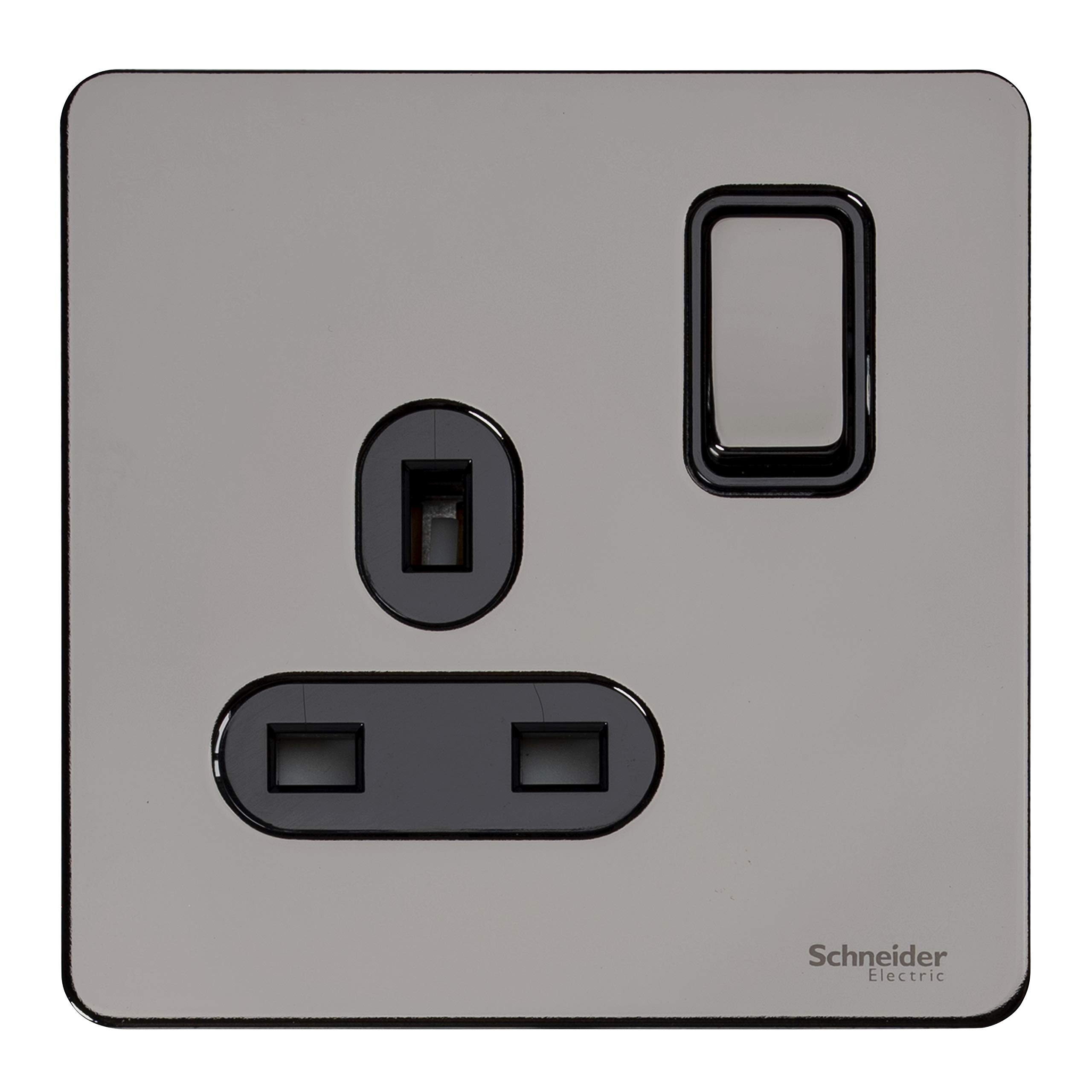 Schneider Electric Ultimate Screwless Flat Plate - Switched Single Power Socket, Single Pole, 13A, GU3410BBN, Black Nickel With Black Insert