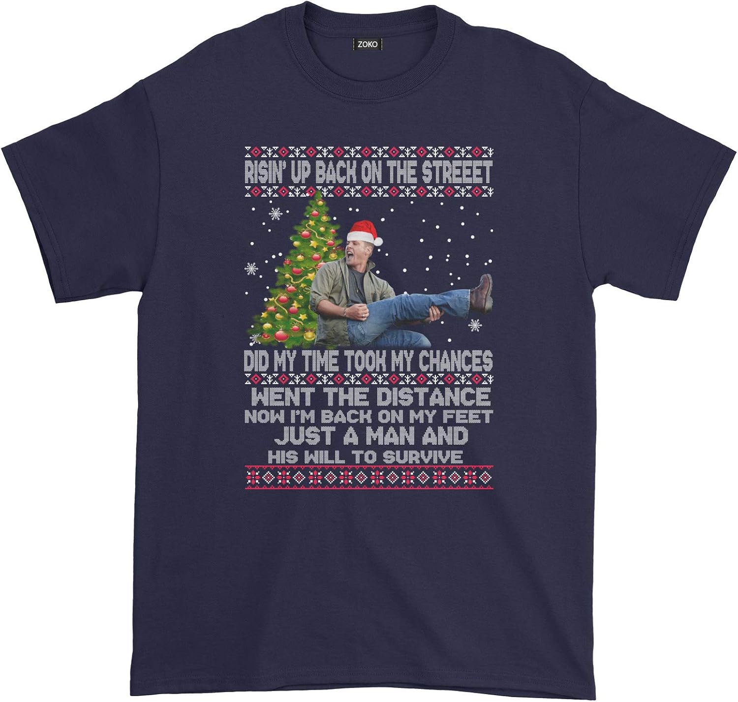 Rising Up Back On The Street Men's Rising Up Back On The Street Ugly Christmas T-Shirt (XL, Navy