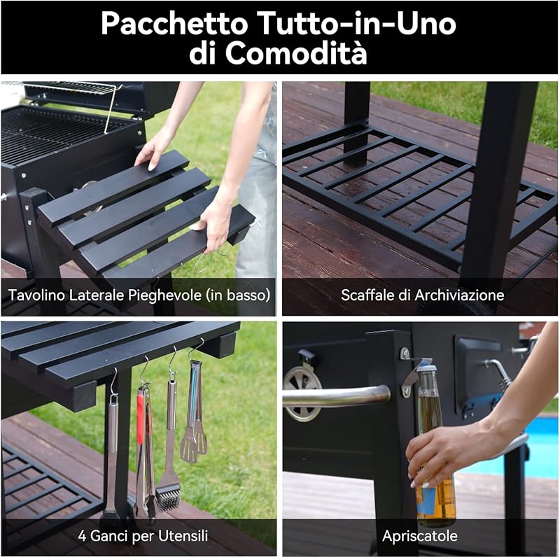 Barbecue a Carbonella, Barbecue con Coperchio, Superficie Cottura: 56×42,5 cm, Vassoio Carbone Regolabile in Altezza, Tavolino Laterale Pieghevole, Con Copertura Barbecue da Esterno
