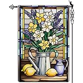 Jauageon Daffodil Lavender Garden Flag Stained Glass Style Spring Summer Floral Flowers Garden Flag Vertical Double Sided Rustic Farmland Burlap Yard Lawn Outdoor Decor 12.5x18"