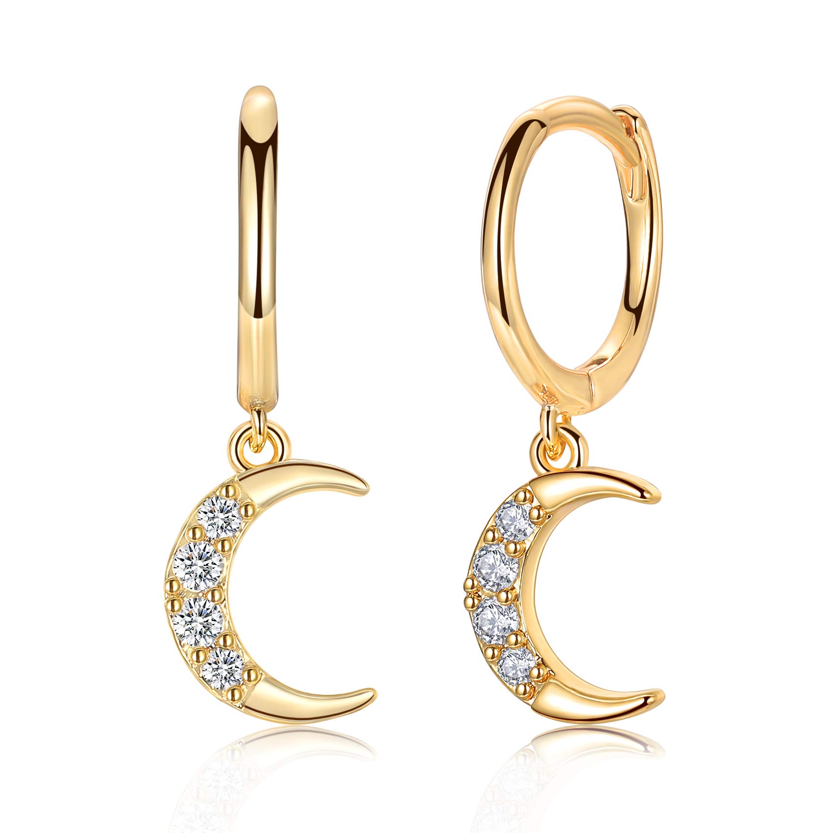 14K Gold Plated Dangle Hoop Earrings, Sterling Silver Post Drop Hoops | Small Hypoallergenic Huggie Earrings | Dainty Sun Moon Star Earrings