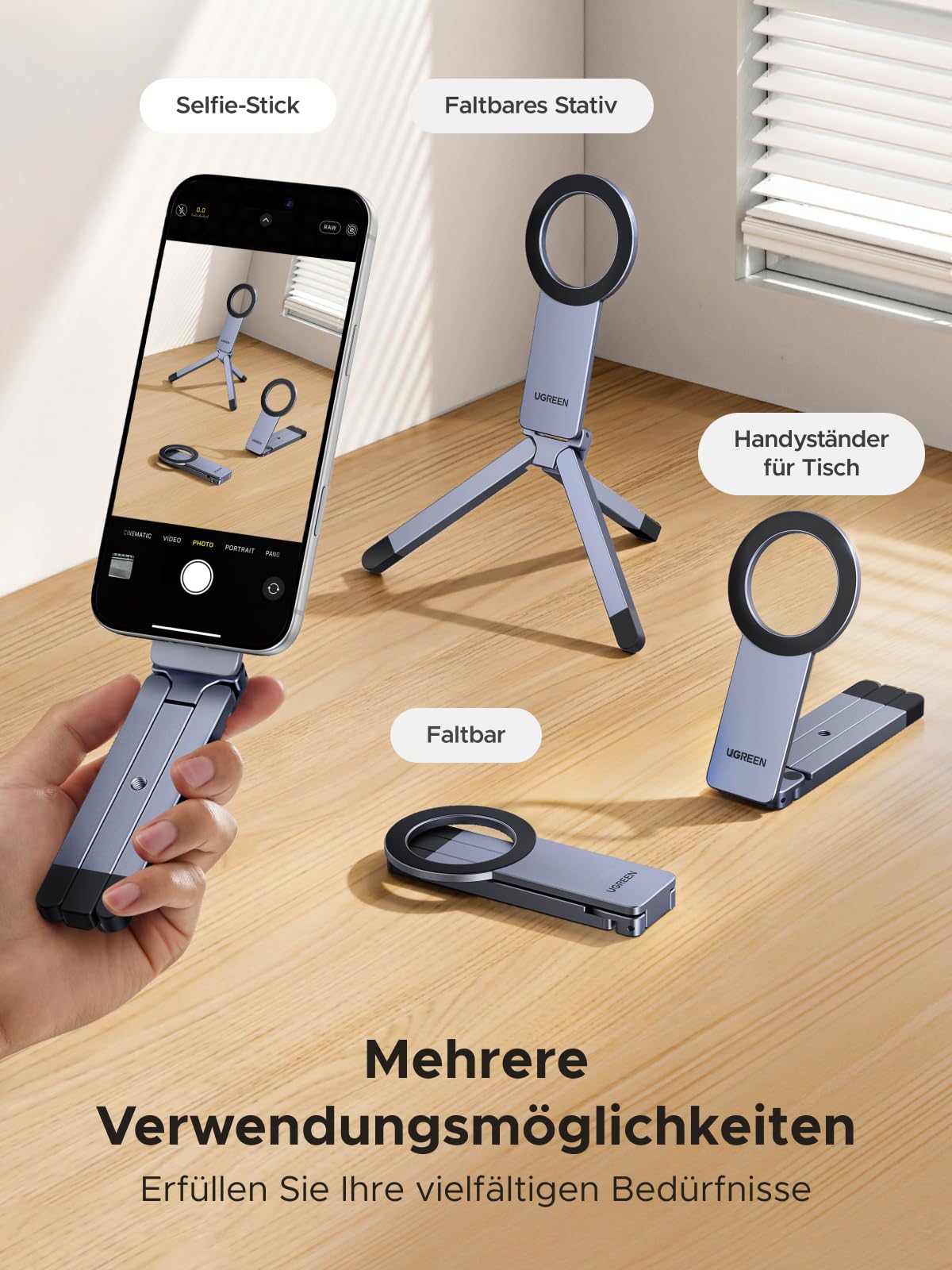 UGREEN Magnetisches Handy Stativ, Aluminium Magsafe Stativ, Enthält eine 1/4"-20-Schraube, Multifunktionaler Tragbarer Selfie-Stick Kompatibel mit iPhone 17 16 15 14 13 12 Sumsung und Magsafe Hülle 3