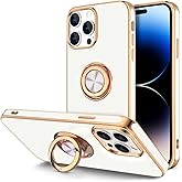 Hython for iPhone 14 Pro Max Case with Ring Stand [360° Rotatable Ring Holder Magnetic Kickstand] [Support Car Mount] Plated Gold Edge Slim Soft TPU Luxury Protective Phone Case Cover, White