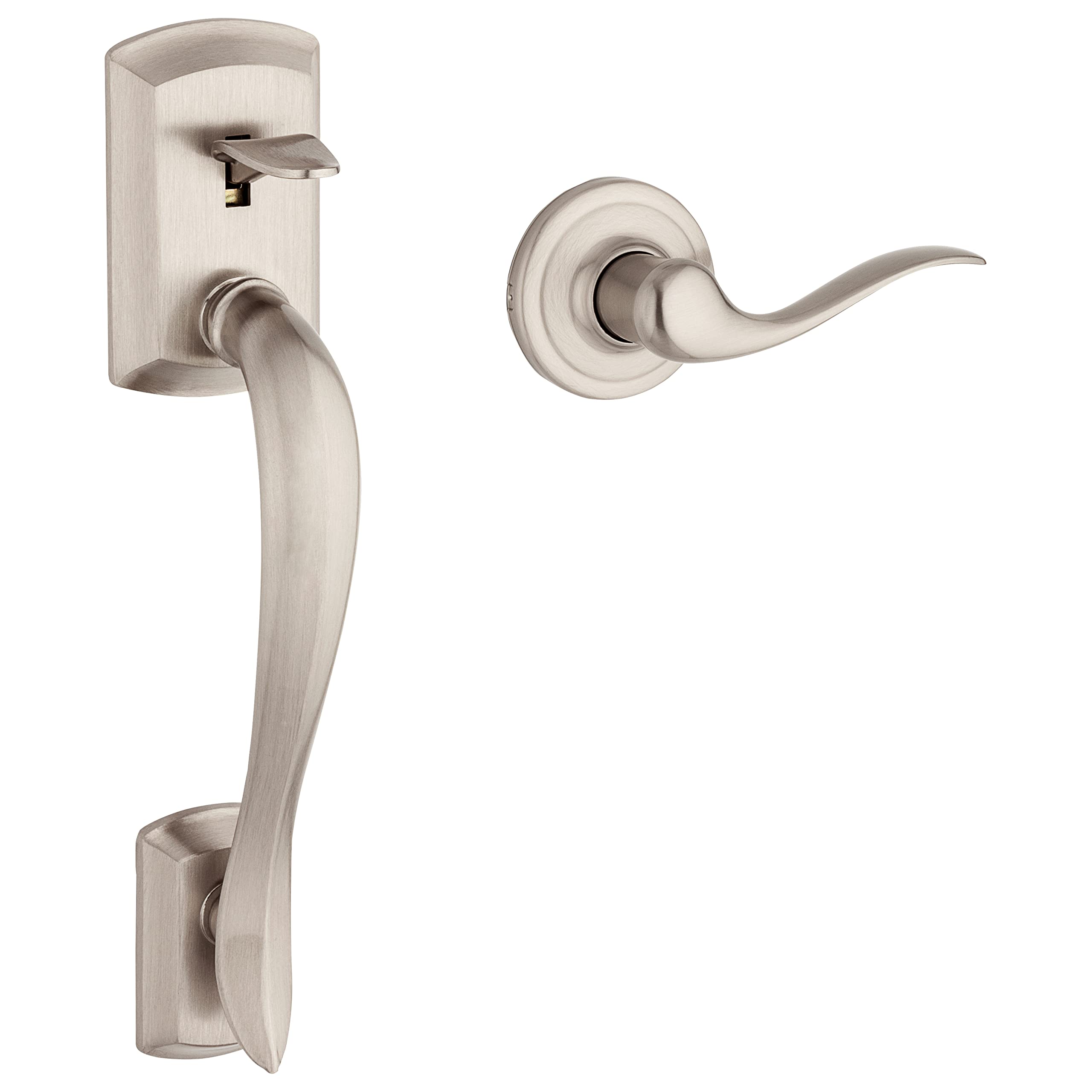 Photo 1 of Kwikset Avalon Front Door Handle No Lock, Entry Handleset Exterior with Interior Reversible Handed Lever, Non-Locking, Satin Nickel, Deadbolt Not Included, with Microban Protection