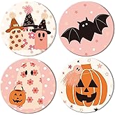 Whaline 4Pcs Halloween Coasters Pink Ghost Bat Pumpkin Ceramic Coasters Absorbent Cup Mat for Home Kitchen Office Party Table Decor