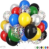 Black and Red Yellow Blue Balloons, 60pcs 12Inch Black and Red Yellow Blue Green Balloons,Metal Silver Confetti Balloon for Graduation Birthday Wedding Baby Shower Carnival Theme Party Decorations