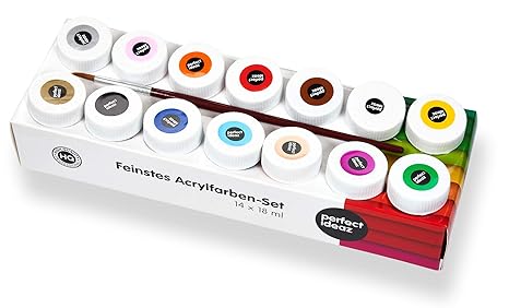perfect ideaz 14 Töpfe á 18 ml Acryl-Farben-Set bunt mit Pinsel, 14 Basic & Metallic Kreativ-Farben, hoher Anteil an Farb-Pig