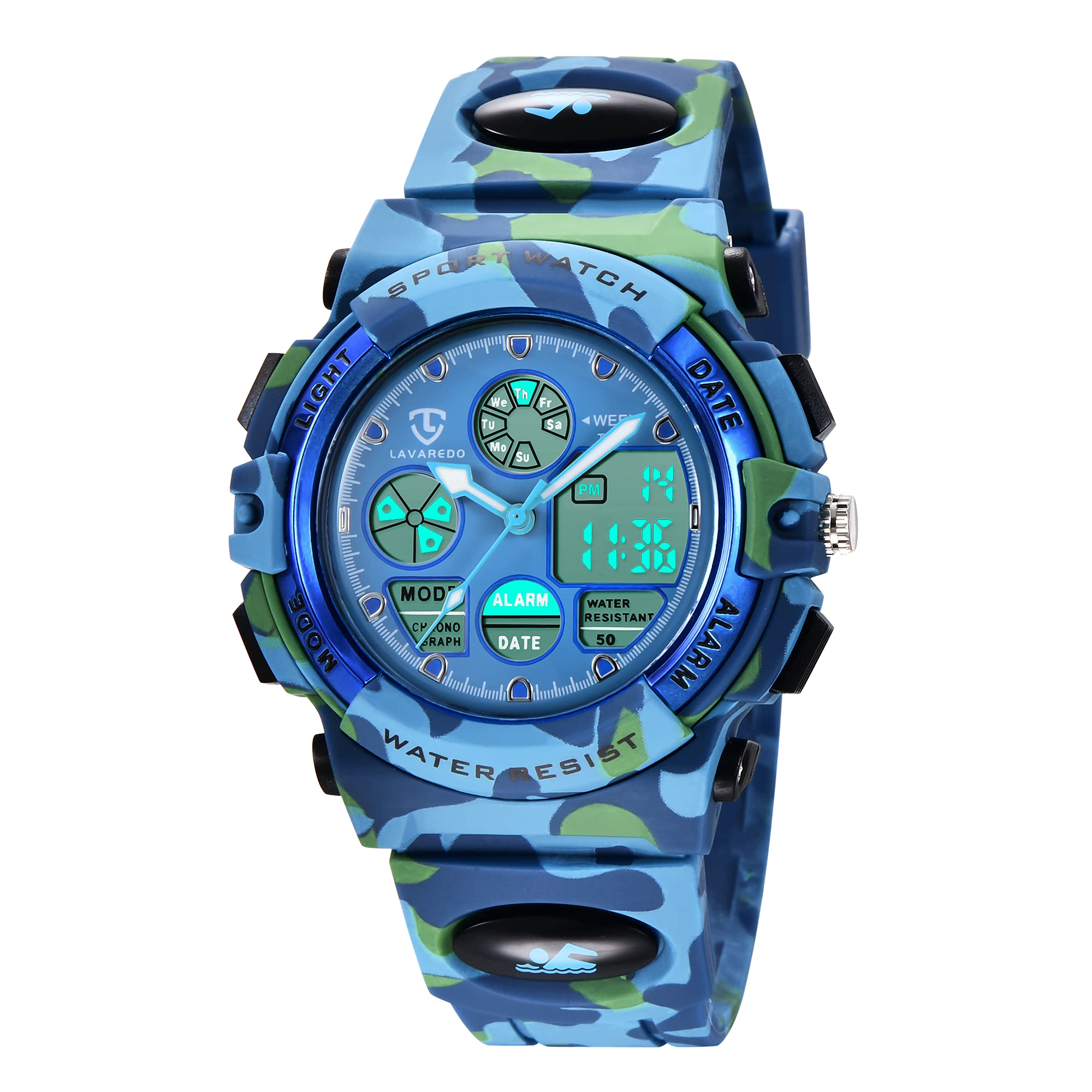 aswan watch Children's Watch, Boy, Girl, Teenagers, Outdoor Digital Sports Watch, Multifunction Waterproof Electronic Watch with LED Light Alarm and Calendar Date for Children, 05-Lightarmyblue, Strap