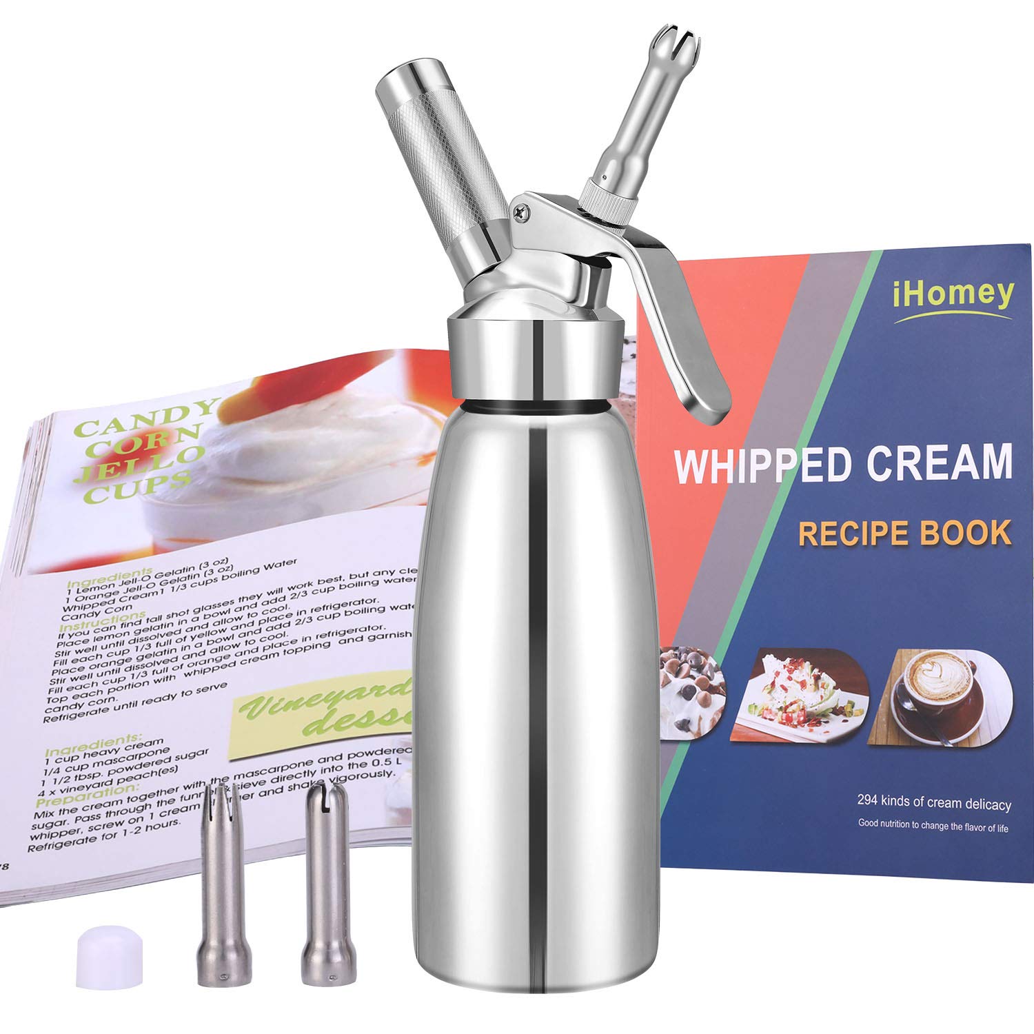 Ihomey Whipped Cream Dispenser Stainless Steel Professional Leak Free Gourmet Homemade Cream Maker With Colorized Edition Recipesa 8 Grams N2o