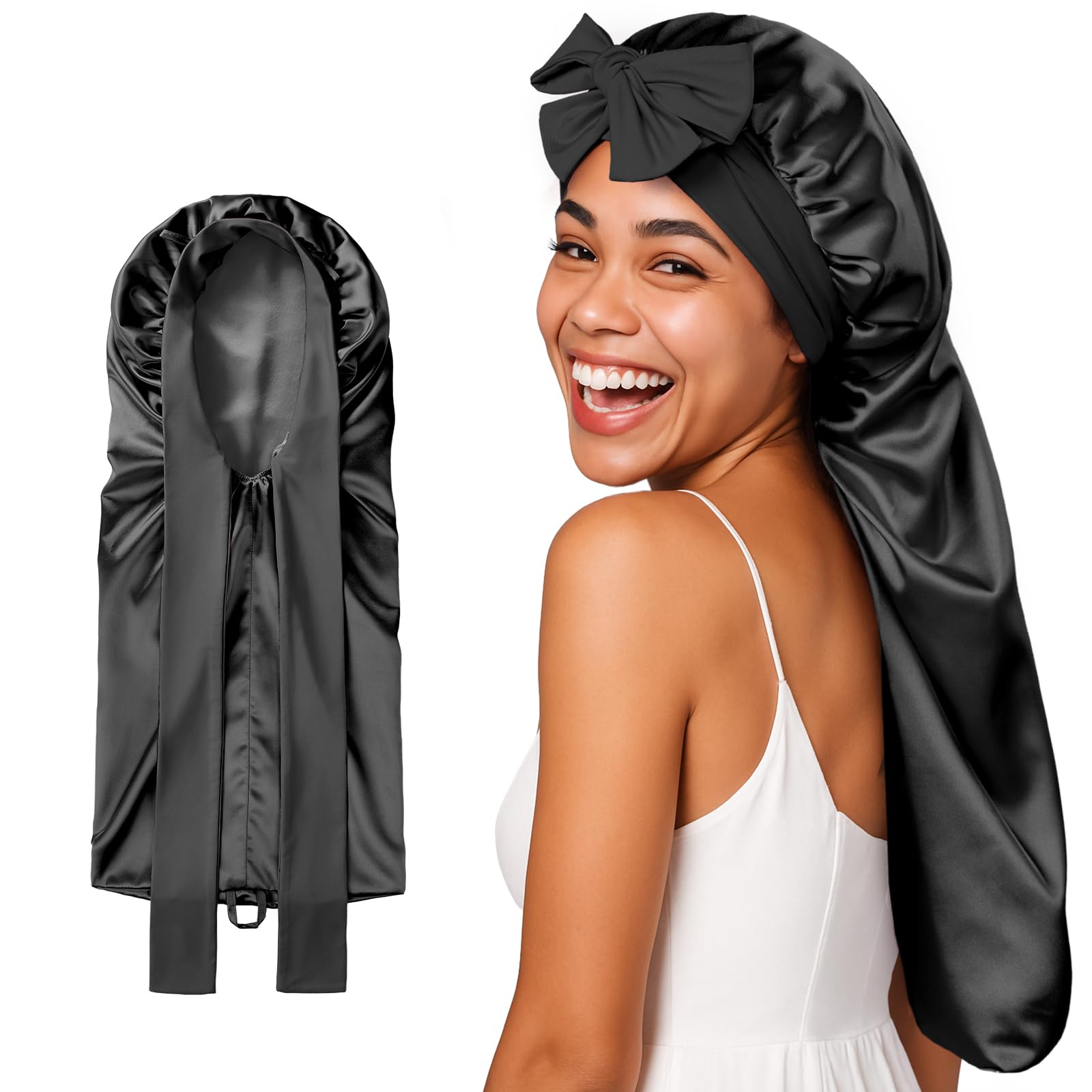 Photo 1 of Umisleep 22 Momme Mulberry Silk Bonnet for Sleeping Women, Untangled Hair Care Bonnet, Extra Long for Curls & Braids - Lays Flat for Styling, Double Layer Hair Wrap with Soft Adjustable Tie, Black