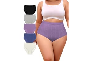 Women's Cotton Tummy Control Underwear, High Waist Full Coverage Soft Breathable Panties 5 Packs（Plus Size）