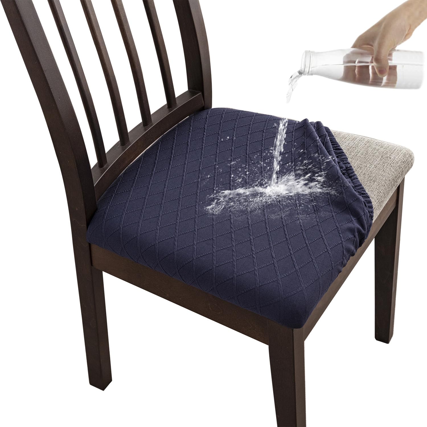 SHENGYIJING Stretch Diamond lattice Chair Seat Covers, Waterproof Chair Cushion Slipcovers with Buckle, Seat Pad Protectors for Dining Room, Kitchen(Navy,4)