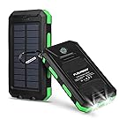 FLOUREON 10000mAh Solar Charger Power Bank Waterproof Portable External Battery Backup with Dual USB for Android iPad iPhone Cellphones, 2 LED Flashlight with Compass for Emergency