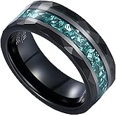 Reseldda 8mm Mens Black Gold Plated Tungsten Wedding Bands Rings Hammered Synthetic Aquamarine Anniversary Rings for men March Birthstone Promise Rings for Him Size 7-14