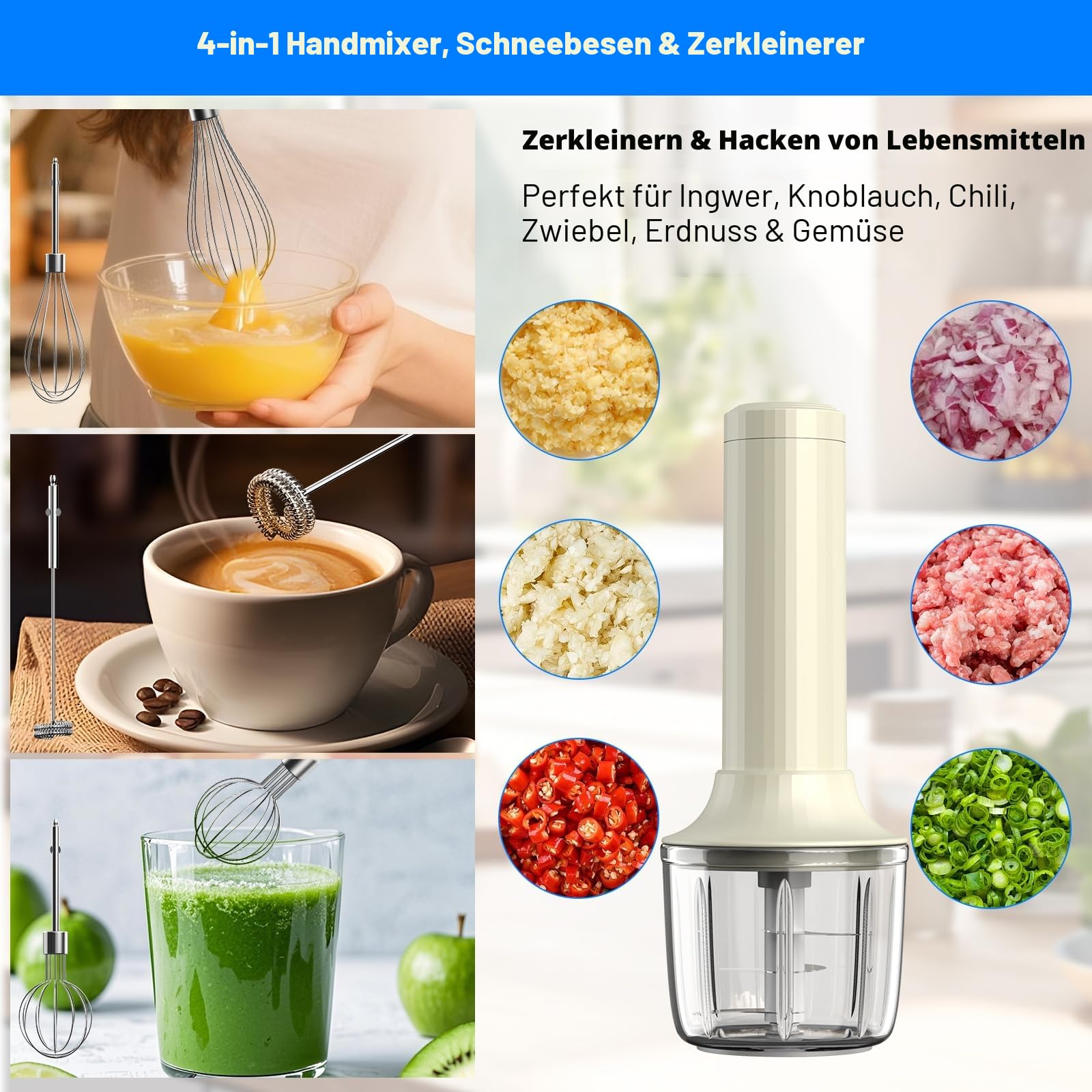 Akku-Handmixer MixgoII, Elektrischer Schneebesen & Milchaufschäumer, Mini Mixer, wiederaufladbarer Handmixer und Schnurrhaar, Küchenmaschine zum Kochen, Lebensmittelzerkleinerer 2