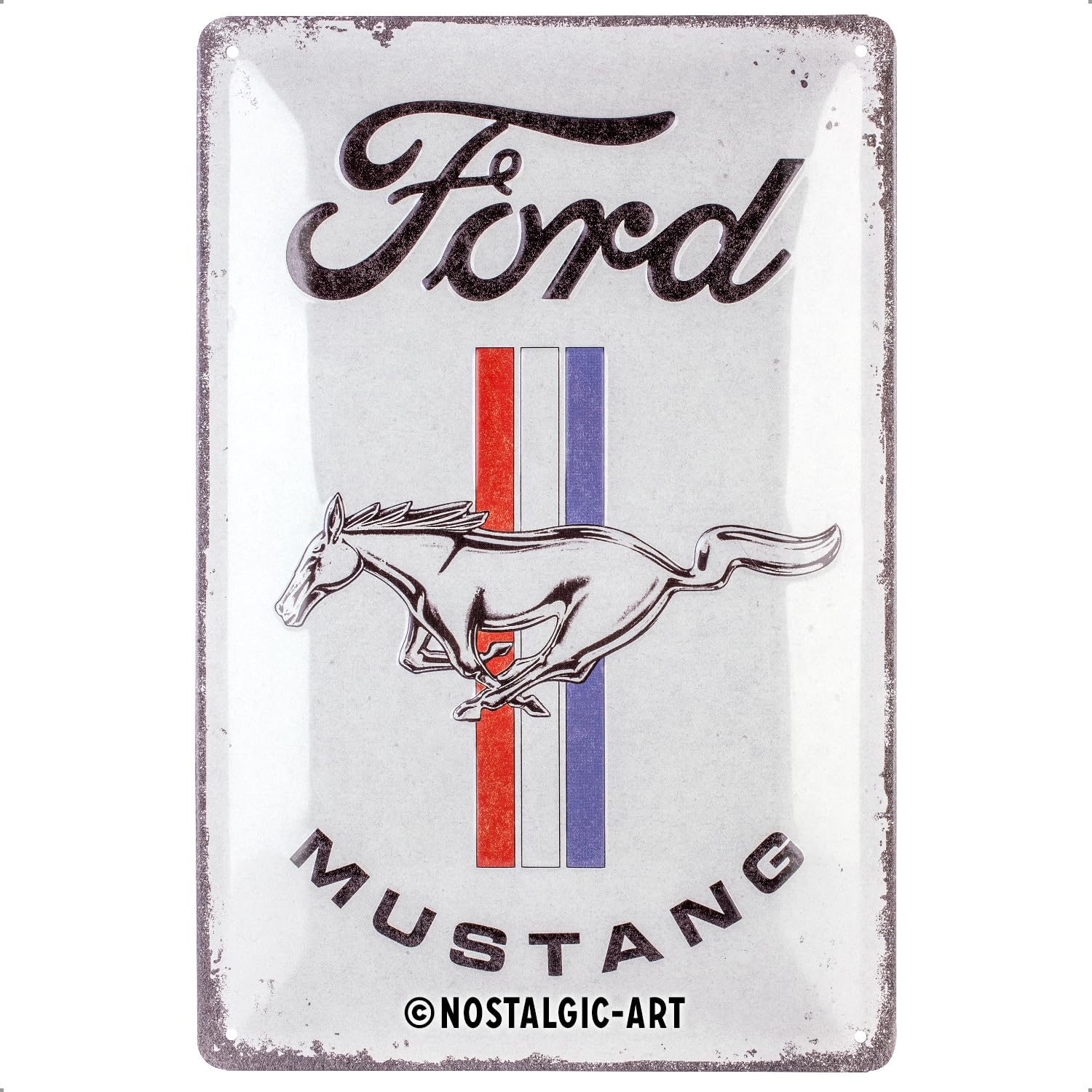 Nostalgic-Art Retro Tin Sign, 20 x 30 cm, Ford Mustang - Horse & Stripes Logo - Gift Idea for Ford Accessories Fans, Original Licensed Product (OLP), Made of Metal, Vintage Design, Tin Signs Sayings
