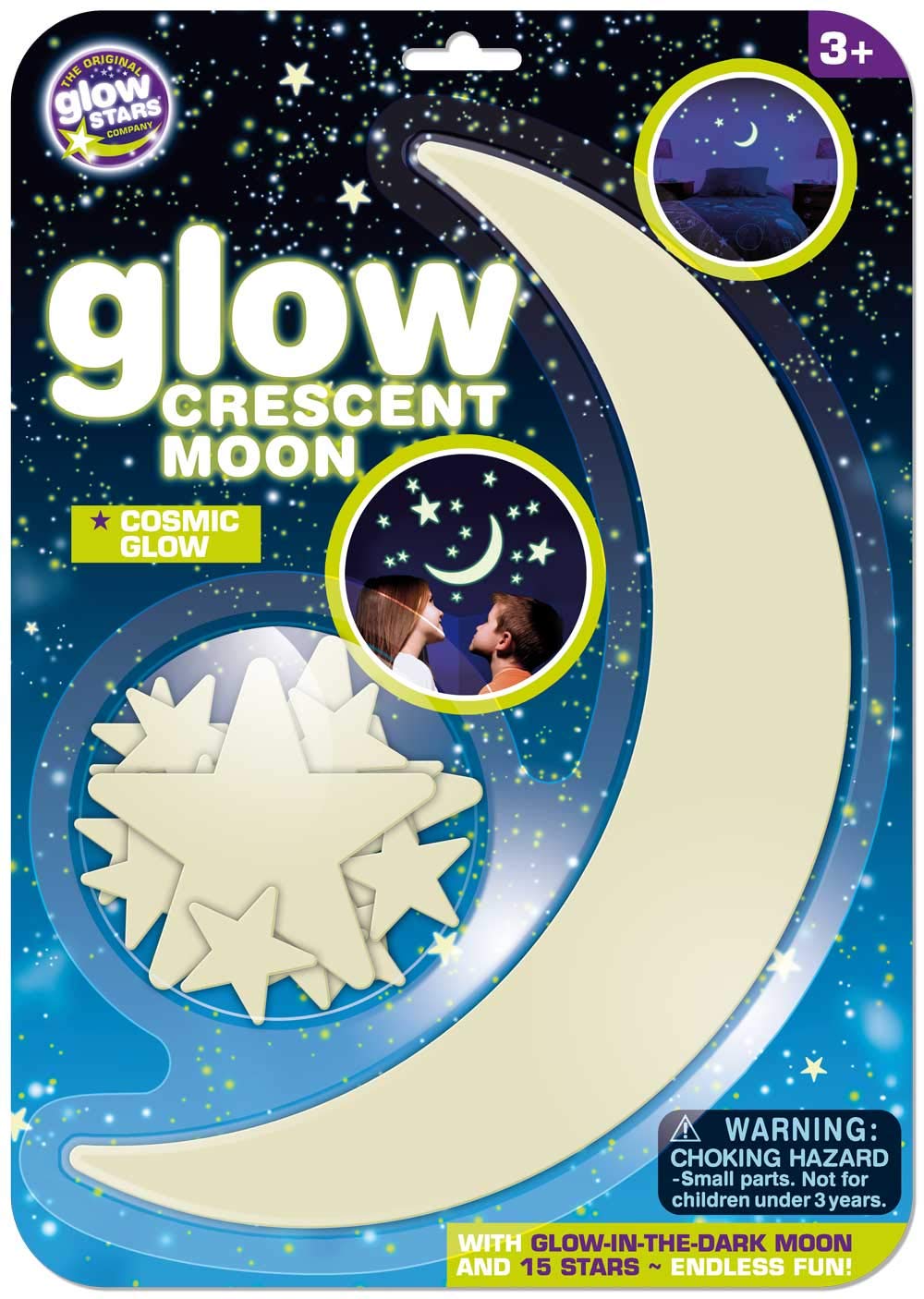 The Original Glowstars Company Glow in the Dark Large Crescent Moon & 15 Stars – Plastic Self-Adhesive Space Themed Room Decor for Kids, Create a Magical Night Sky on Ceiling & Walls