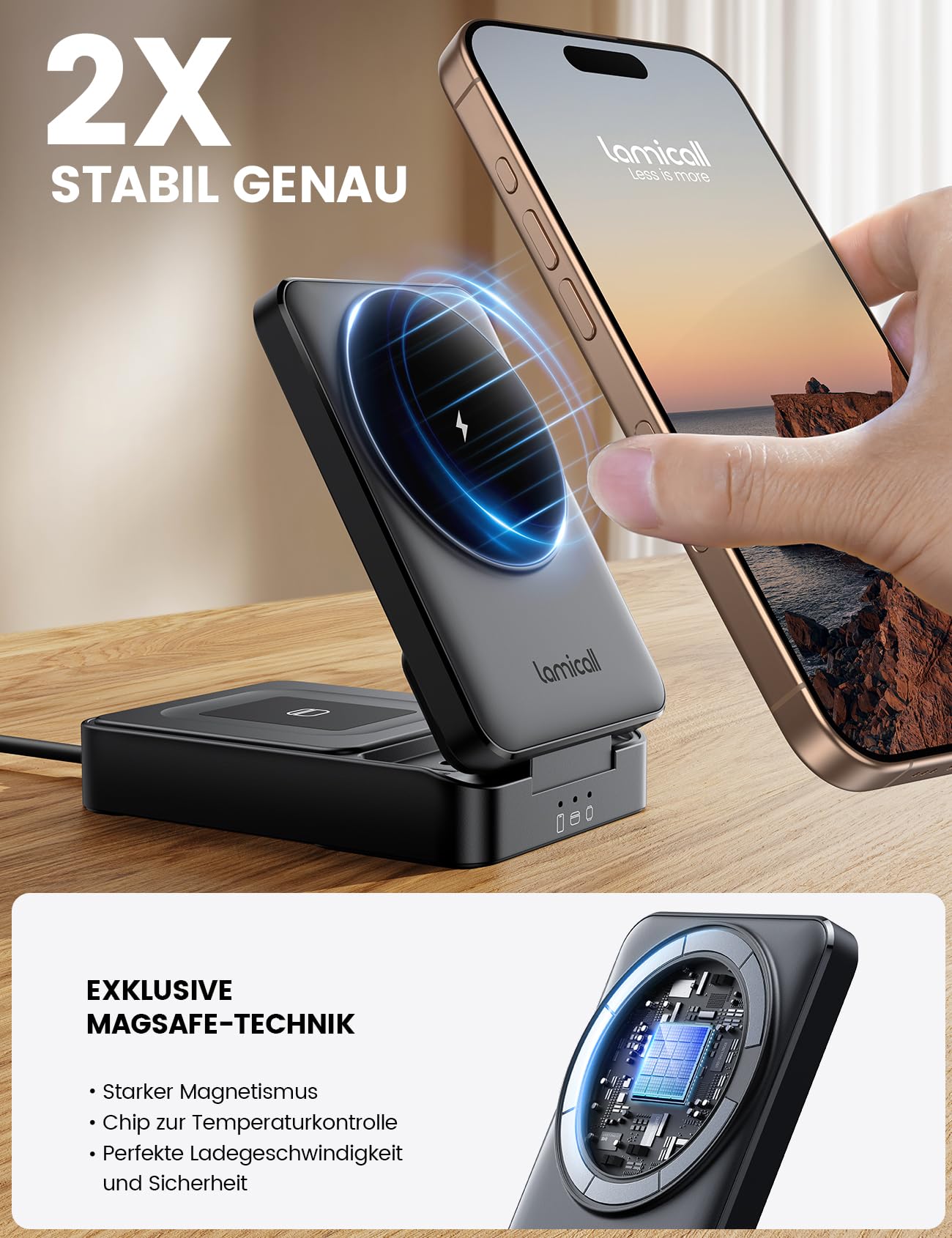Lamicall 3 IN 1 Ladestation für MagSafe Ladegerät - [Faltbar & Tragbar] Kabellose induktive Ladestation Apple Watch und iPhone, Reisen Wireless Charger für iPhone 17/16/15/14 Pro Max Plus Air, AirPods 5