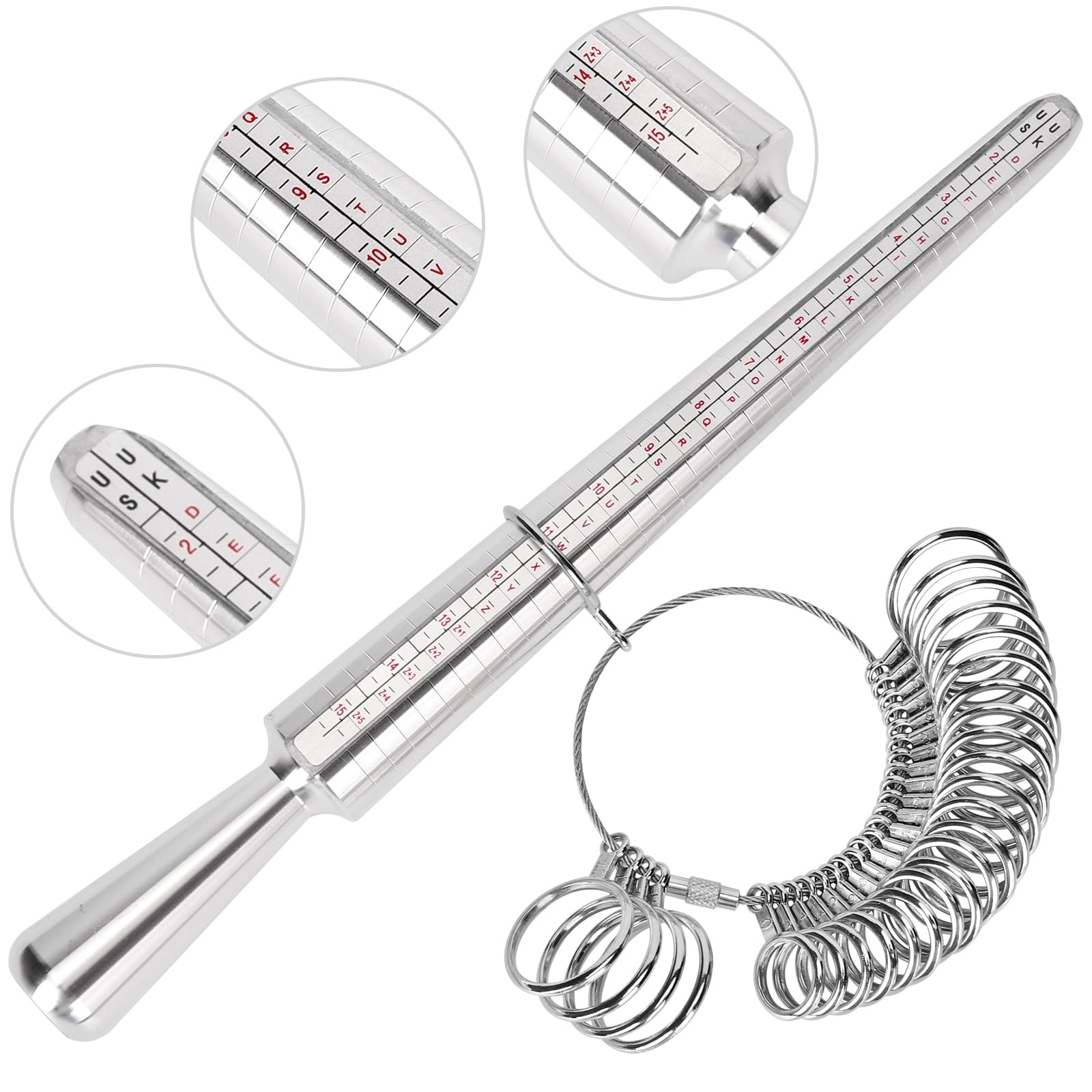 Ring Sizer Measuring Tool Kit, Ring Mandrel Measurer, 27 PCS Premium Steel Measuring Ring Tool, US Ring Size 0-13, 2 PCS Reusable Finger Size 1-17 USA Rings Size with Magnified Glass