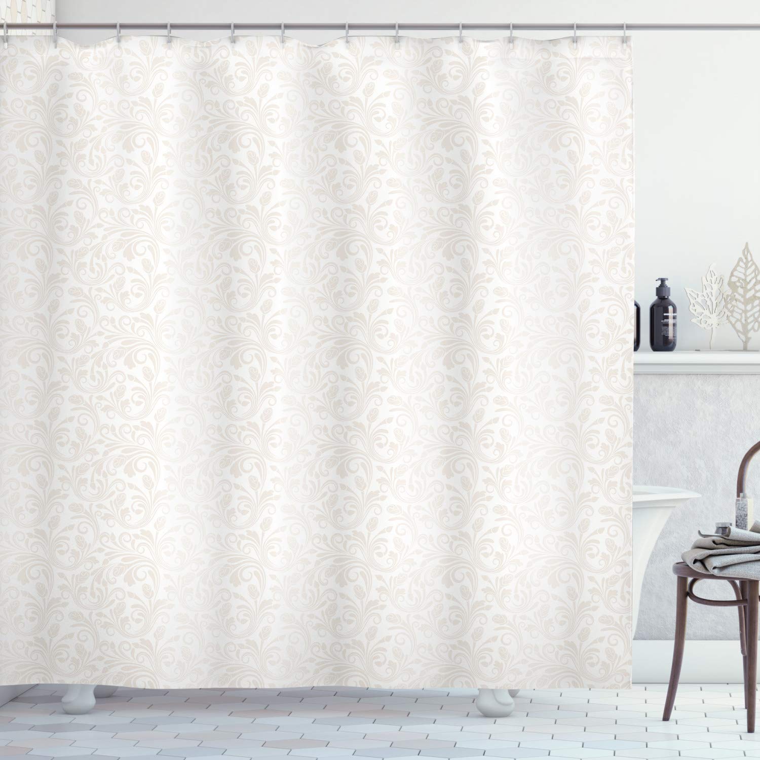 ABAKUHAUS Ivory Shower Curtain, Medieval Victorian Petals Baroque Soft Toned Blooms Swirls Flourish Spring Pattern, Cloth Fabric Bathroom Decor Set with Hooks, 94 Inches, Beige White โ image 1