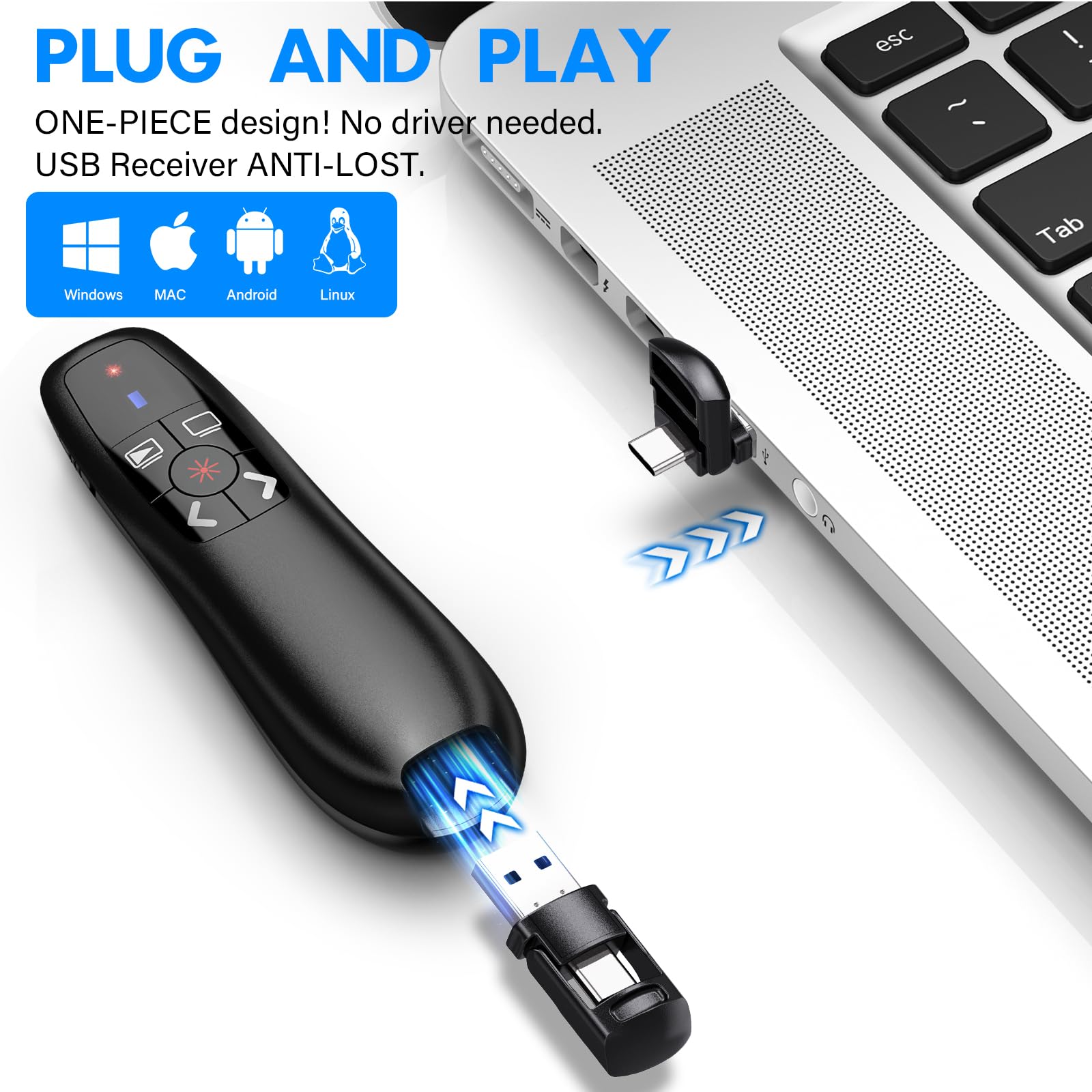 NinjaABXY Presentation Clicker with 2-in-1 USB Type C, Wireless Presenter Remote Clicker for PowerPoint Presentations, Pointer RF 2.4GHz USB PowerPoint Clicker Slide Advancer with Volume Control