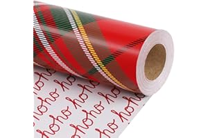 BIOBROWN Reversible Vintage Christmas Wrapping Paper Roll with Trim Ribbon 17 Inch X 40 Feet (56.6 sq. ft. ttl.) Red Tartan Plaid Design Perfect for Christmas, Party, Xmas, Holiday Gift Wrap