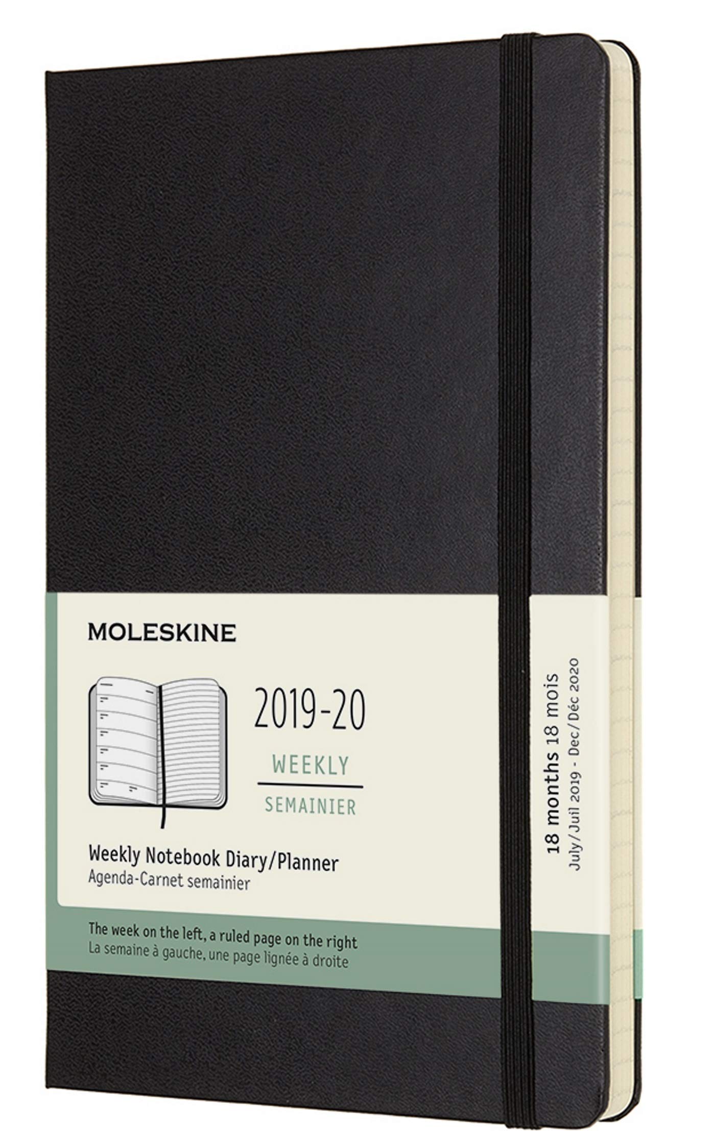 Moleskine 18 Months Agenda Weekly 2019/2020, Academic Diary with Hard Cover and Elastic Closure, Black Colour, Large 13 x 21 cm, 208 Pages