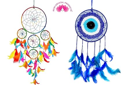 Reiki Crystal Products Combo Dream Catcher 5 Round + Evil Eye Dream Catcher for Wall Hanging Attract Positive Dreams & Positive Thinking and Protections Dream Catcher Pack of 1+1