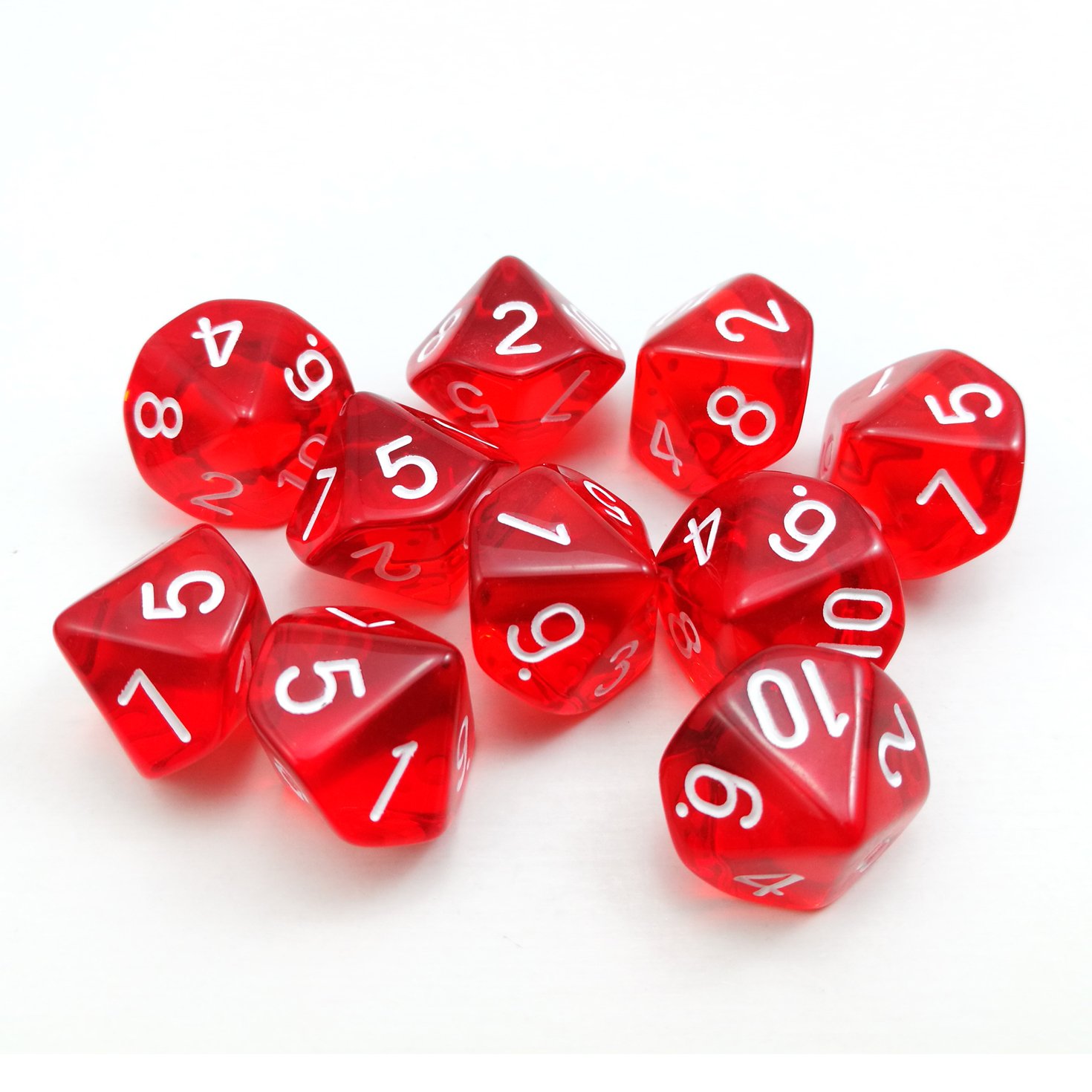 Bescon Polyhedral 10 Sides Dice with Number 1-10,Red Transparent 10 Sided Dice, 10 Sides Cube 1-10, 10pcs Set