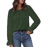 IWH Womens Eyelet Tops Dressy Casual Long Sleeve Pleated Blouses 2025 Trendy Fall Crewneck Embroidered Lace Shirts