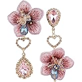 MLEPUS Asymmetric Flower Dangle Earring for Women Rhinestone Fashion Unique Bohemian Long Pendant Pink Earrings Party Daily Jewelry