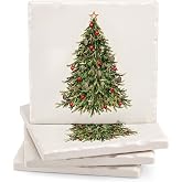 Rtteri Set of 4 Christmas Tree Tumbled Tile Stone Drink Coasters for Table | 4 Pcs Stone Christmas Tree Coaster, 4 Inch Square, Absorbent Stone Material with Protective Cork Backing, Holiday Winter Gift