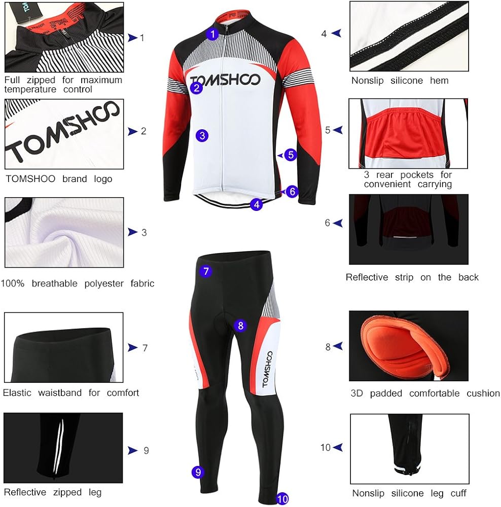 TOMSHOO Men's Cycling Jersey Suit Long Sleeve Mountain Bike Road Clothing Set, 3D Padded Hip Protection Bicycle Jersey : Clothing