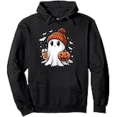 Cute Ghost Drinking Coffee Halloween Ghost Ice Coffee Womens Pullover Hoodie