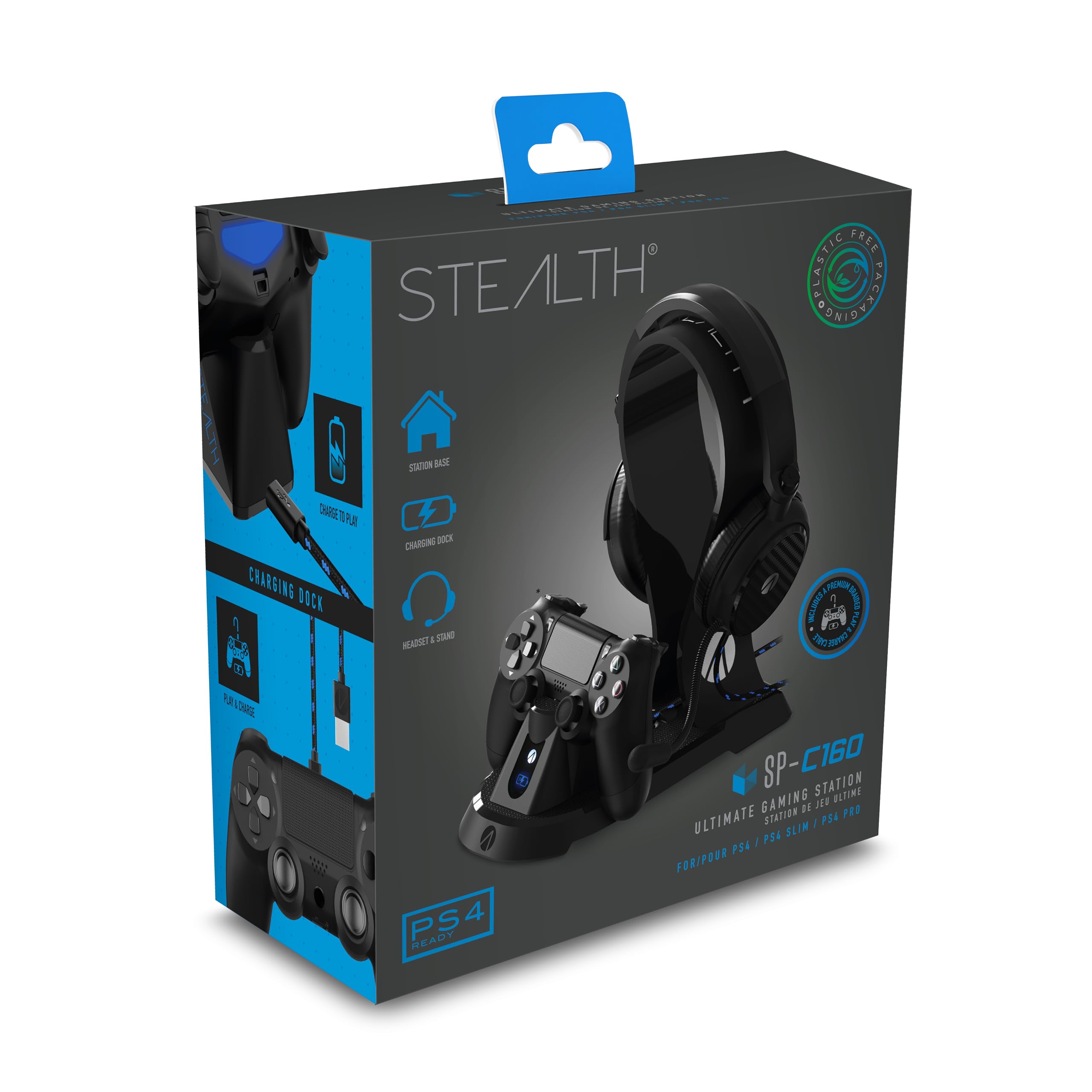 STEALTH SP-C160 PS4 Gaming Station - Gaming Headset, Headset Stand, Storage Base, Charging Dock, & USB Play & Charge Braided Cable