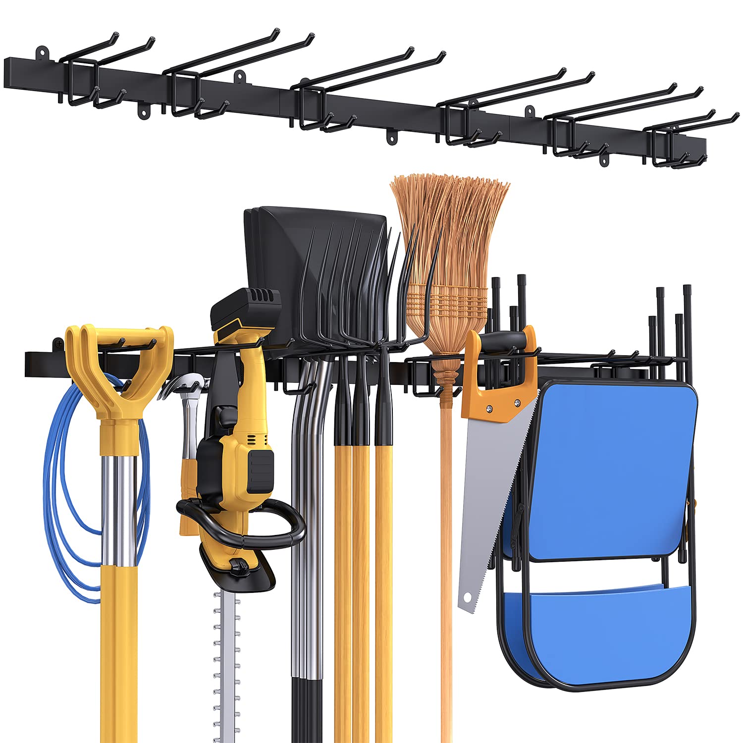 Mutool 51inch Wall Mounted Tool Storage Rack double hook, Metal Wall Mount Tools Home and Garage Storage System, Steel Gear Hanger, for Garden, Garage, wall tool organiser (Black)