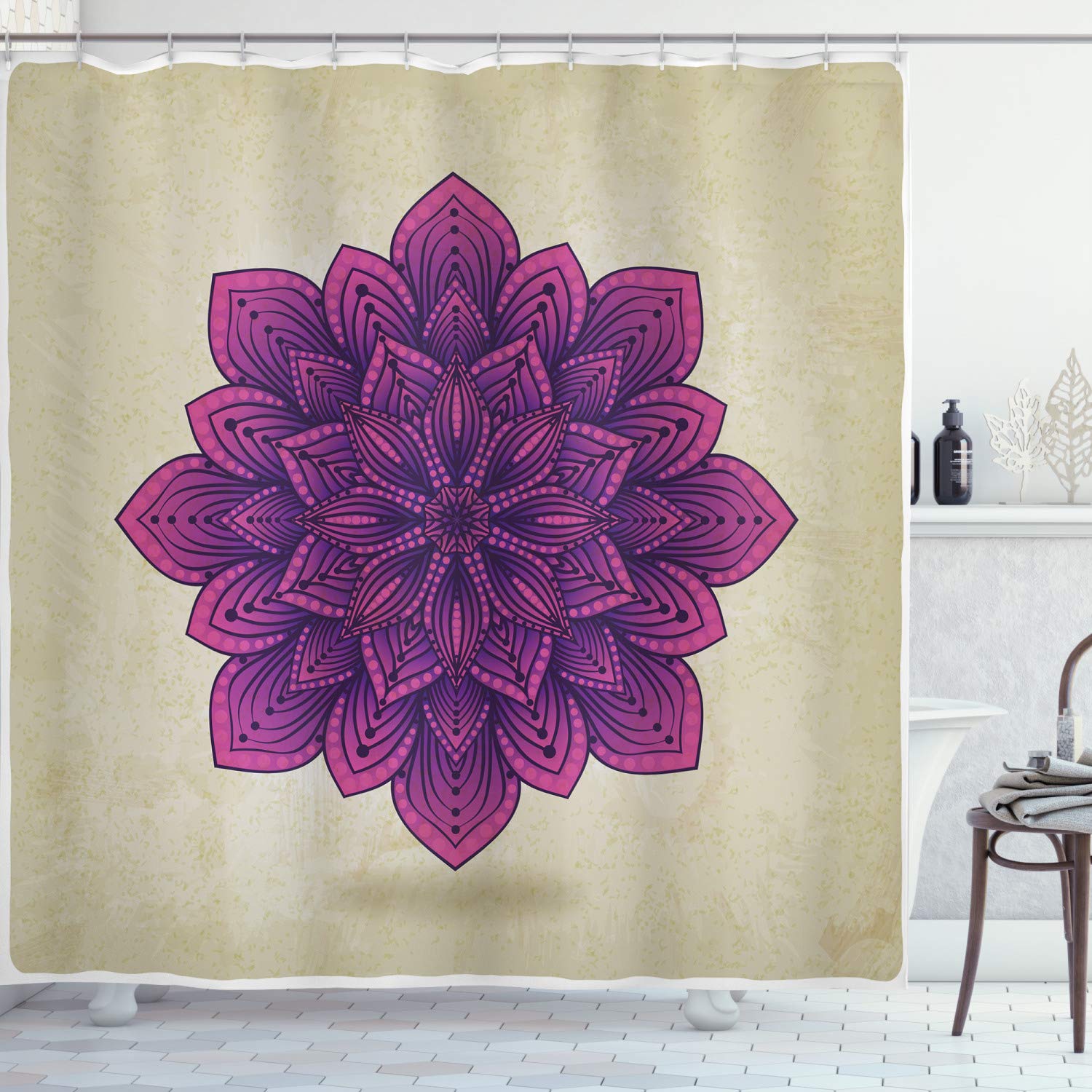 ABAKUHAUS Lotus Shower Curtain, Geometric Digital Mandala in Vibrant Tones Graphic, Cloth Fabric Bathroom Decor Set with Hooks, 70 Inches, Eggshell Fuchsia