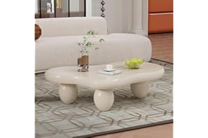 Cloud Shaped Coffee Table with 3 Ellipsoid Legs, Cream White Cute Funcky End Table, Modern Irregular Low Center Table for Liv
