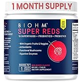 BIOHM Super Reds, Beet Root Powder Antioxidant Beets and Smoothie Mix with Tart Cherry Extract and 19 Red Whole Foods Packed with Prebiotics and Probiotics, Non-GMO, Red Berry Flavor (30 Servings)