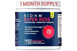 BIOHM Super Reds - Beet Root Powder Antioxidant Beets & Smoothie Mix with Tart Cherry Extract & 19 Red Whole Foods Packed with Prebiotics & Probiotics, Non GMO, Red Berry Flavor, 30 Servings